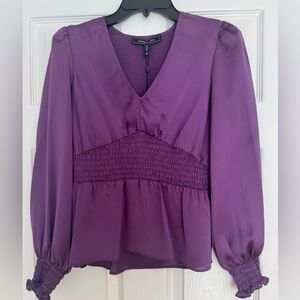 BCBGMaxAzria Plum V-Neck Smocked Waist Long Sleeve Blouse
